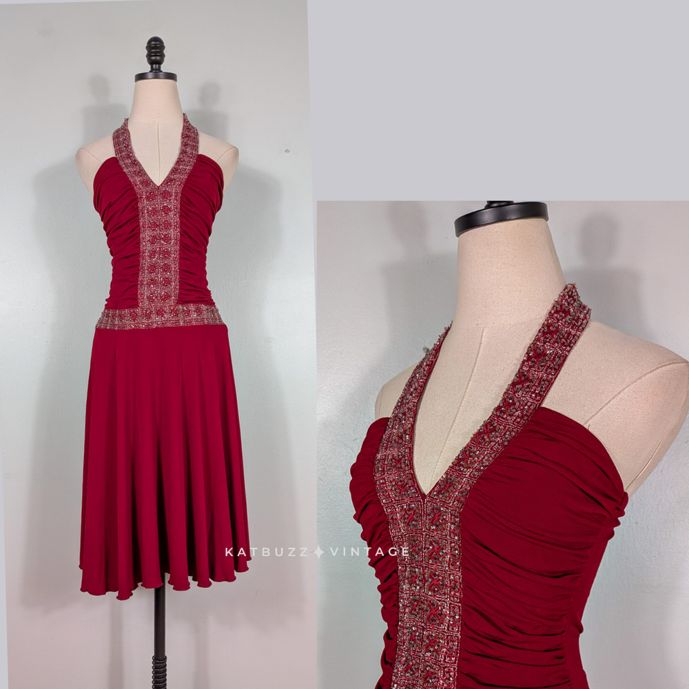 Vintage Beaded Halter Dress M Red Y2K Boho Fairy Grunge Drop Waist Maroon Guest